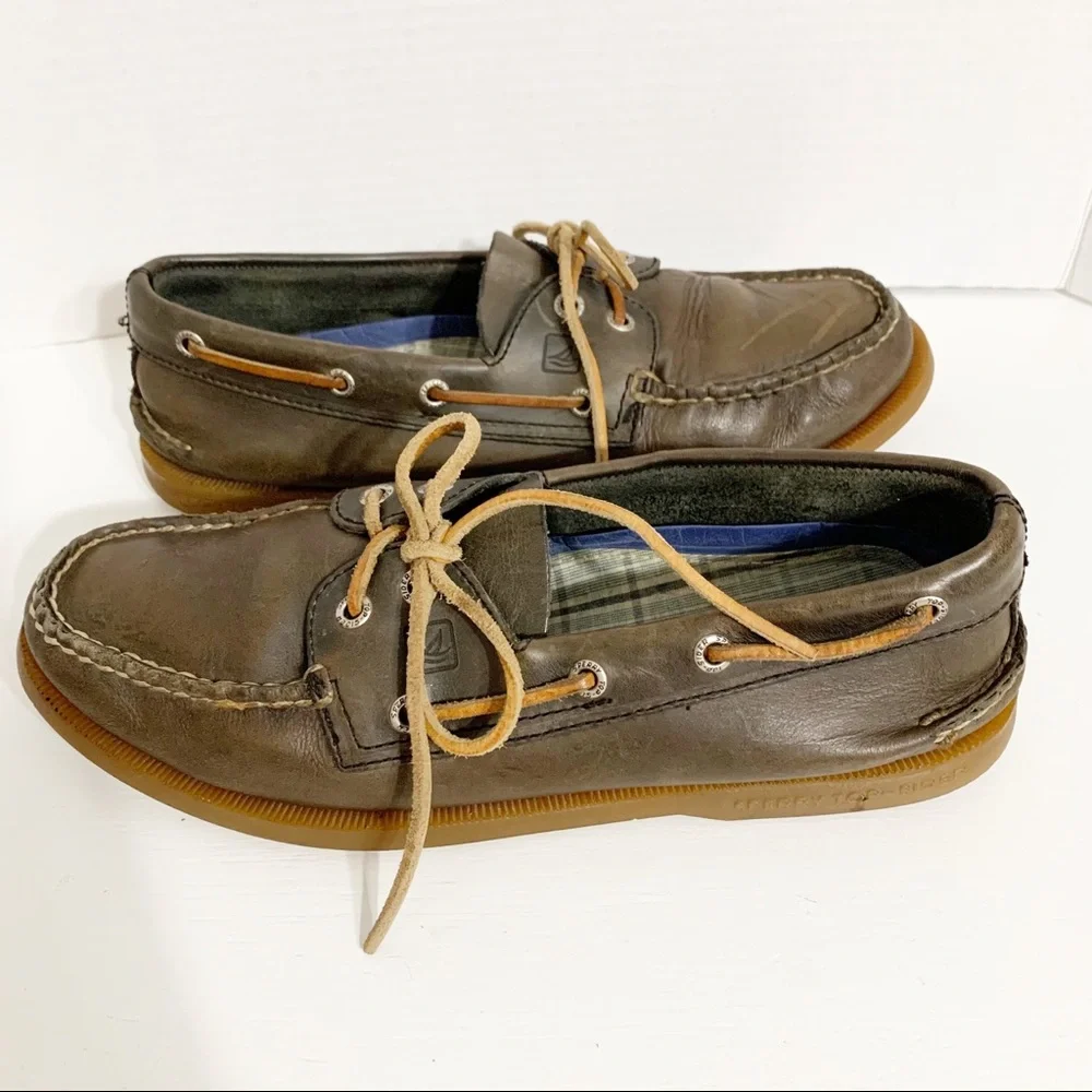 Sperry Classic Topsider Leather 2-Eye Lace Up Leather Laces Boat Shoes Brown 🟫